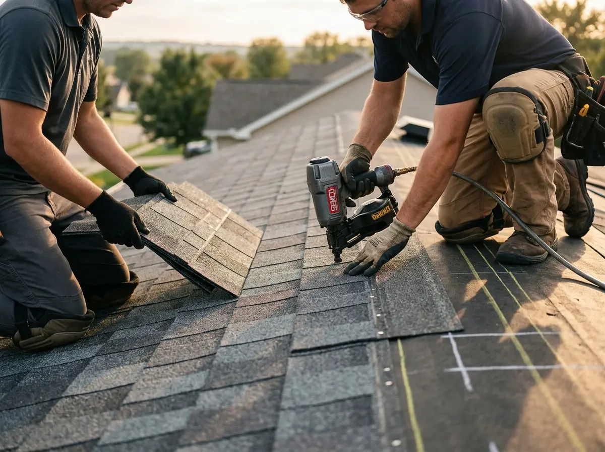 Professional roofer working on a residential roof in Jasper
